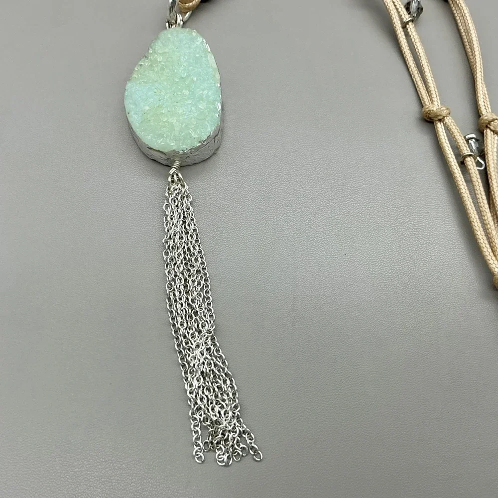 Chico's Necklace Mint Green Faux Druzy Tassel Beige Cord Silver Tone Boho 36